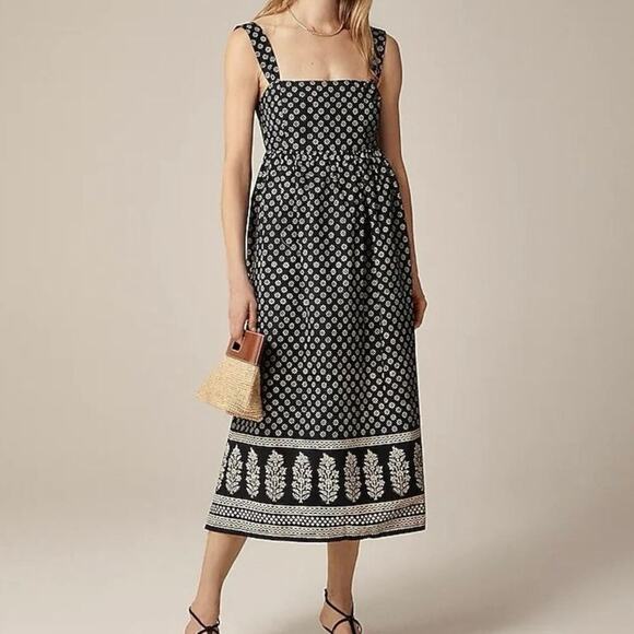 J.Crew Squareneck Cotton Poplin Midi Dress Block Print Black 6 NWT BROKEN ZIPPER - Picture 1 of 11